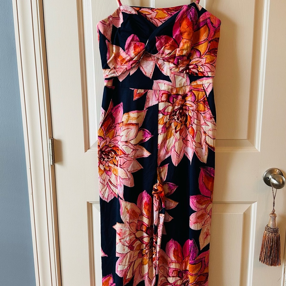 Trina Turk Navy Jumpsuit with Pink and Orange Floral Design